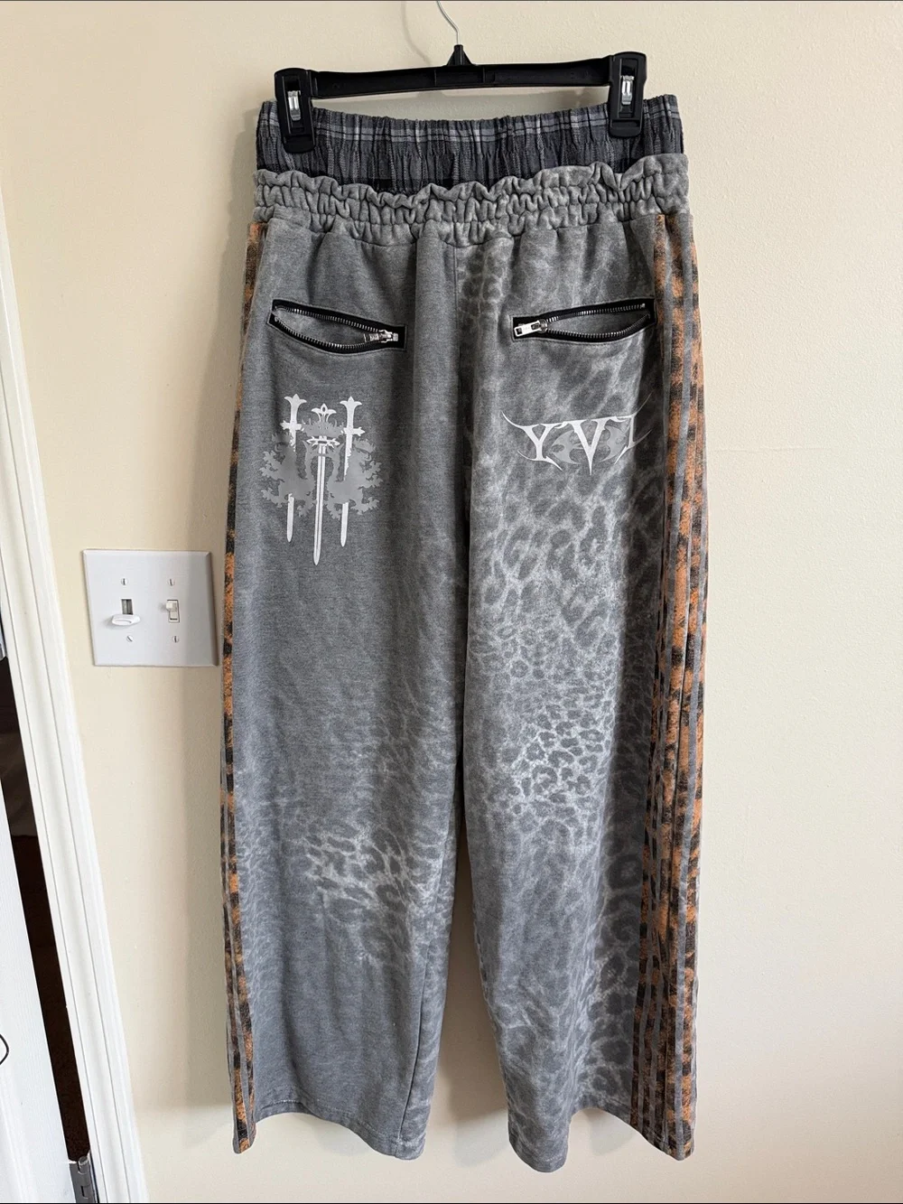 Men's Gray Leopard-Print Casual Pants with Brown Side Stripe